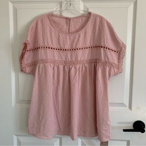 Emery Rose Women’s Pink Eyelet Lace Trim Short Sleeve Top XL Lightweight Summer